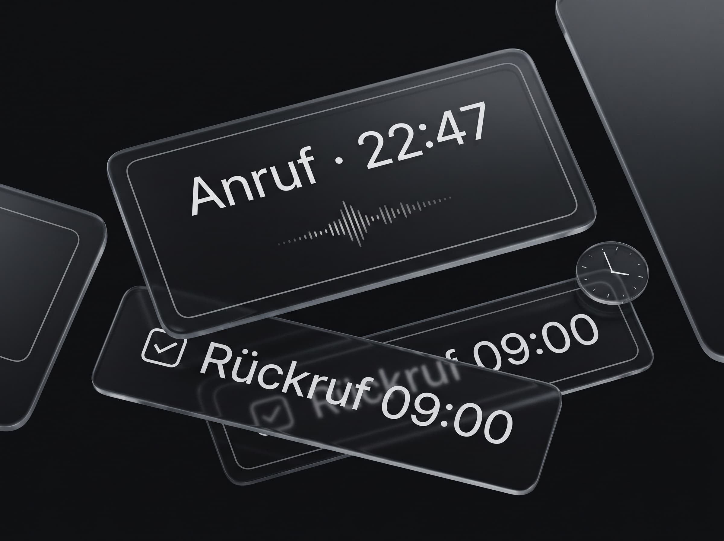 Glas-UI eines KI-Rezeptionisten mit Anruf-Panel und Rückruf-Aufgabe